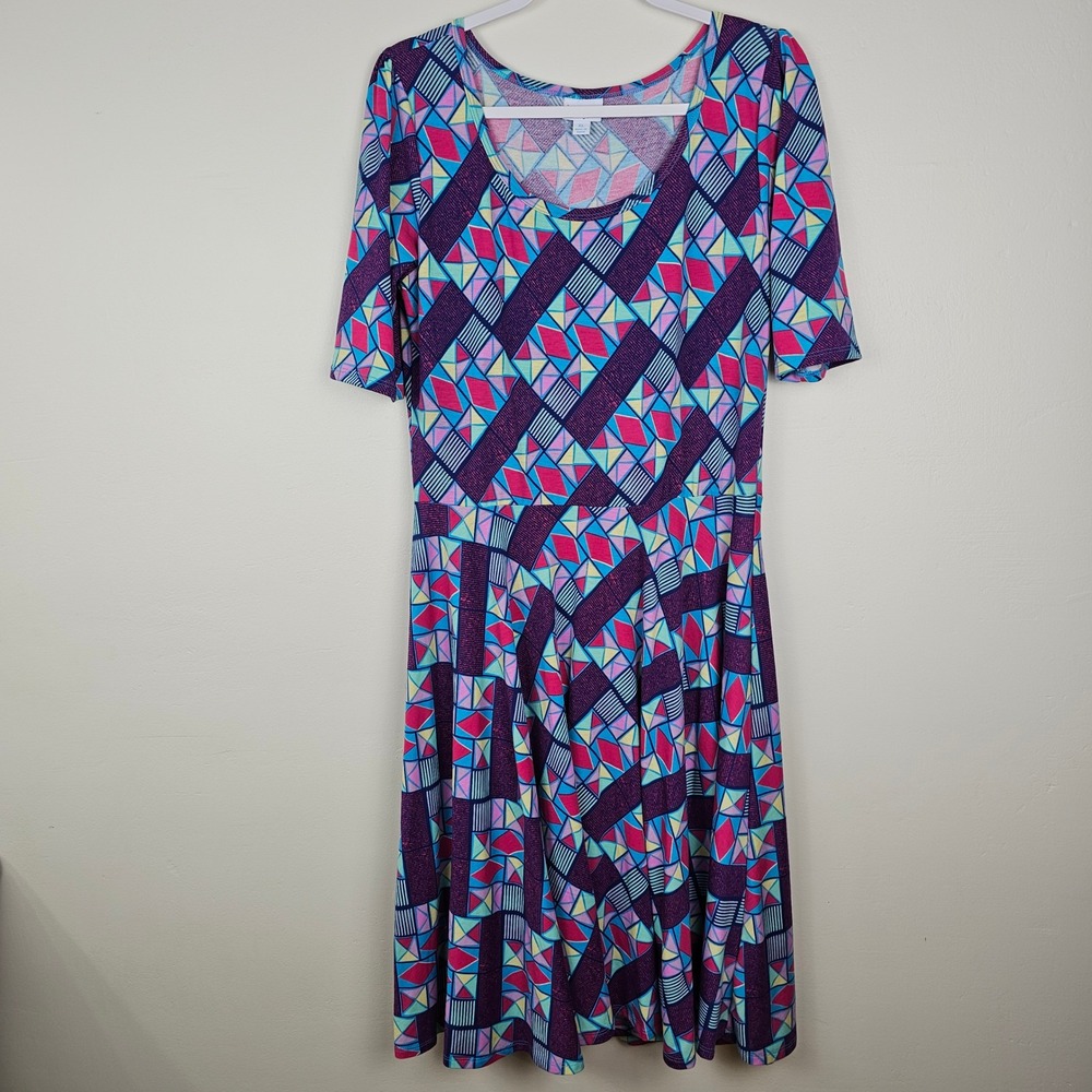 LuLaRoe Nicole Dress Women‎ XL Purple Geometric Short Sleeve Fit & Flare Stretch